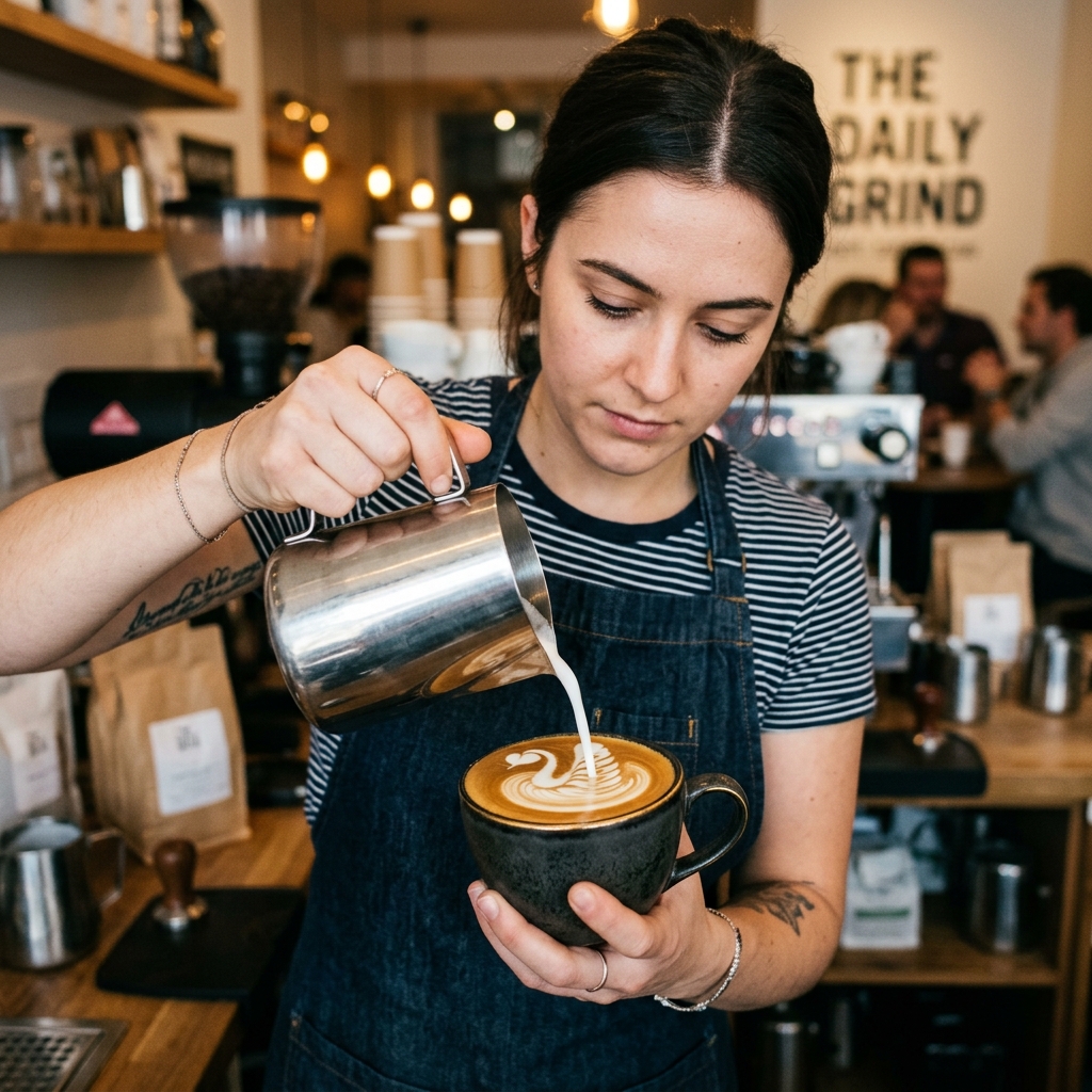 Barista pouring precision swan latte art