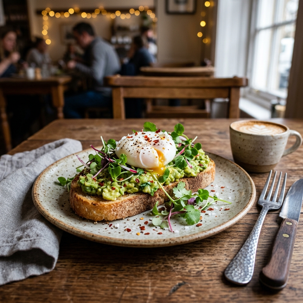Truffle avocado sourdough toast with poached egg
