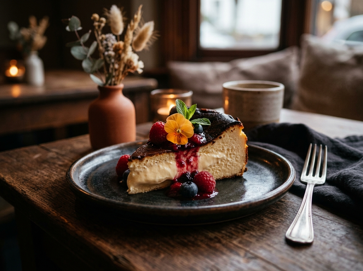 Basque burnt cheesecake slice