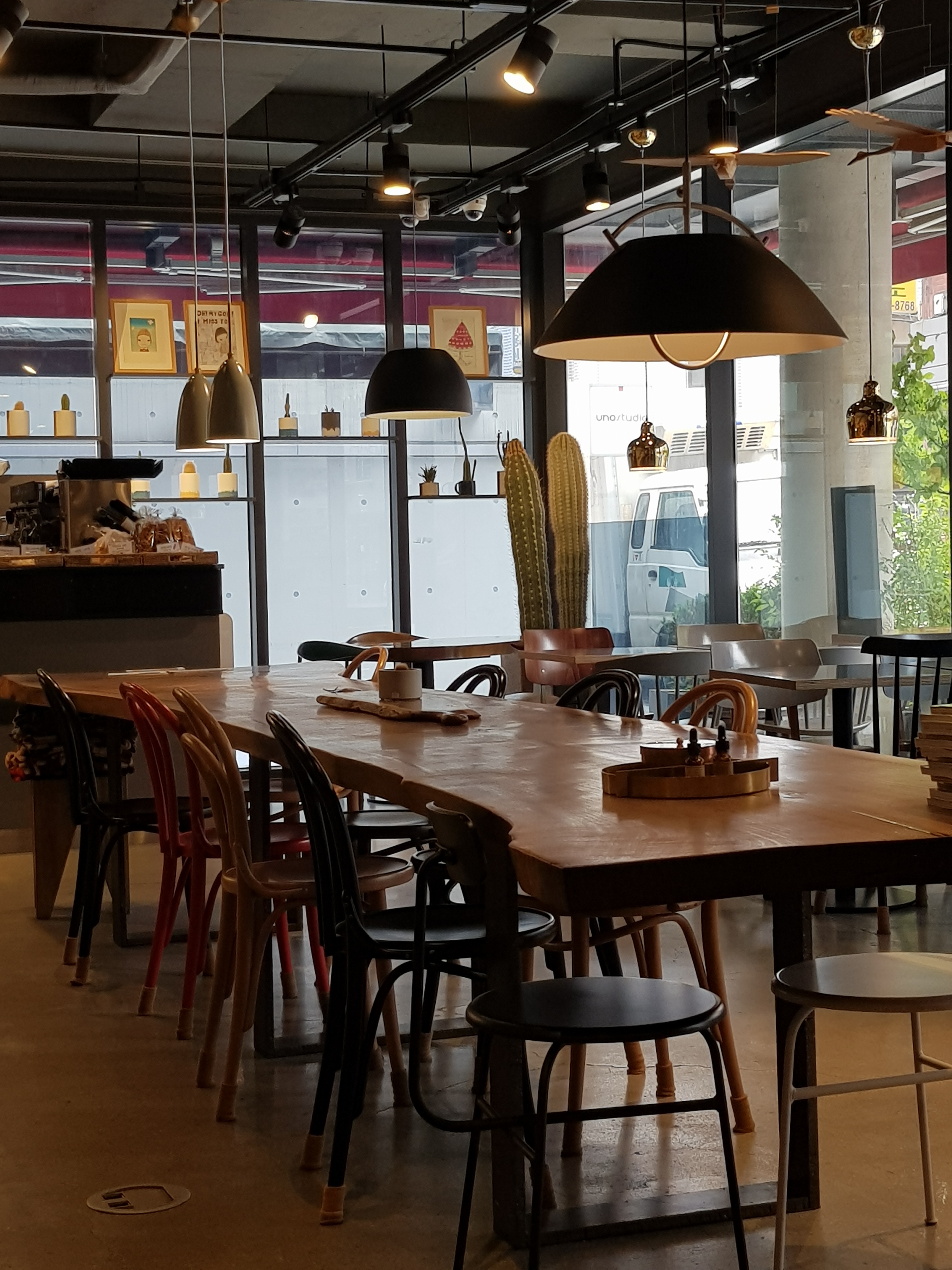 Industrial modern interior with communal table
